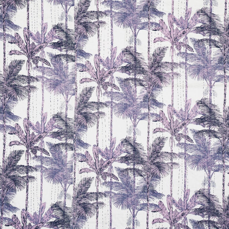 May include: A white textile featuring a repeating pattern of stylized palm trees in shades of purple and blue. The design includes vertical lines of stitching, adding texture to the fabric. The overall aesthetic is tropical and decorative.