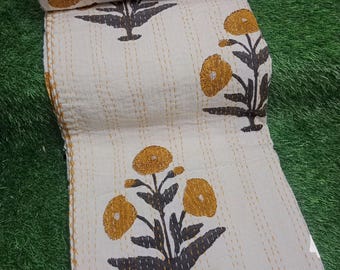 Floral Kantha Quilt, Hand Block Print Indian Cotton Bedding