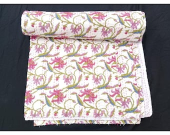 Hand Block Print Kantha Quilt Indian Bedding Kantha Quilt Cotton Handmade Blanket Throw Quilt Sofa Cover Quilt Twin Size