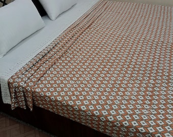 Floral Block Print Kantha Quilt - Handmade Indian Cotton Bedding
