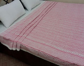 Floral Hand Block Print Kantha Quilt - Indian Cotton Bedding