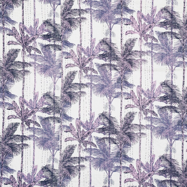 May include: A white textile featuring a repeating pattern of stylized palm trees in shades of purple and blue. The design includes vertical lines of stitching, adding texture to the fabric. The overall aesthetic is tropical and decorative.