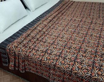 Floral Kantha Quilt, Hand Block Print Indian Cotton Bedding