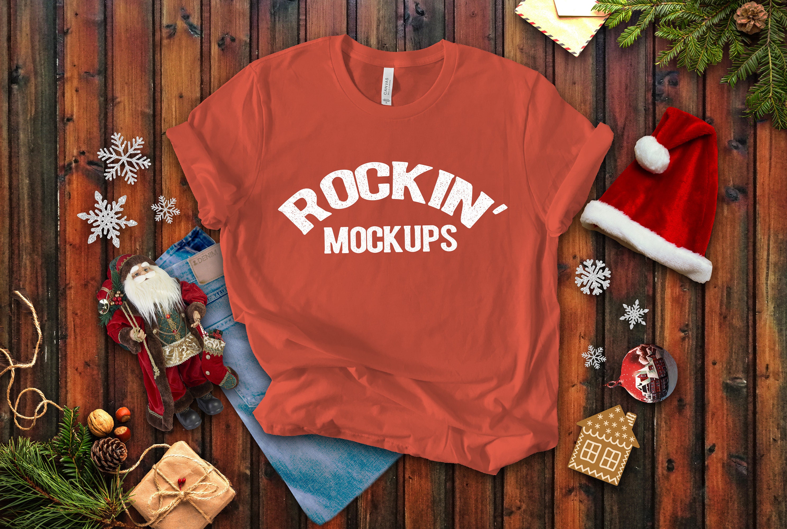 Download Coral Christmas T shirt Mockup Bella Canvas 3001 Texture ...
