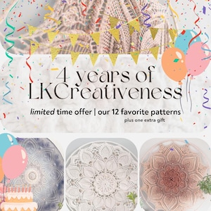 May include: A promotional graphic celebrating 4 years of LKCreativeness with gold bunting, colorful balloons, and confetti. The text reads 4 years of LKCreativeness, limited time offer, our 12 favorite patterns, plus one extra gift.