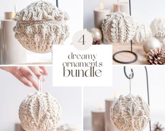 May include: A bundle of four handmade, cream-colored crochet ornaments. The ornaments have textured patterns and are displayed with candles and pinecones. The text "4 dreamy ornaments bundle" is also visible.