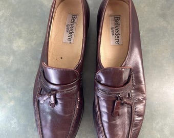 Vintage Belvedere Firenze Italy Leather Tassel Loafers Mens 11N Brown Italian Dress Shoes 1990s Slip On Moccasins Classic Luxury