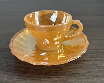 Anchor Hocking Fire King Peach Luster Demitasse Swirl Cup #10 & Saucer #33 USA