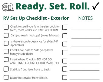 RV Checklist for Travel Trailers - Set Up/Breakdown/Interior/Exterior with space for notes