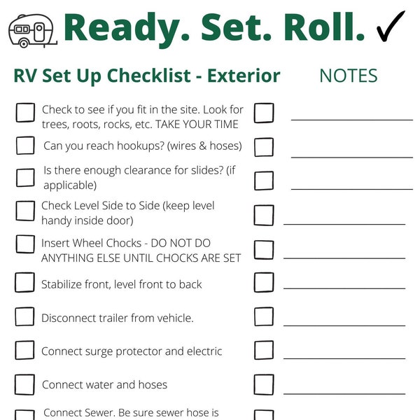 RV Checklist for Travel Trailers - Set Up/Breakdown/Interior/Exterior with space for notes