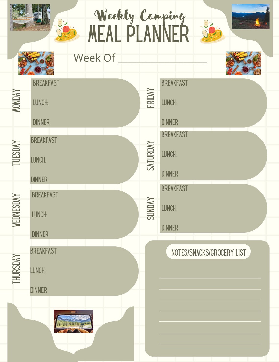 Camping Weekly Menu Planner / Printable PDF Digital Download / Space