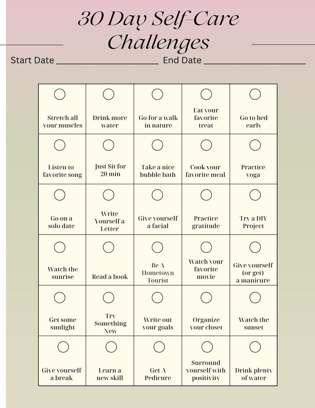 30 Day Self Care Challenge Digital Download - Etsy