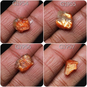 May include: Four rough, orange sunstone crystals with iridescent shimmer. The crystals are labeled G1954, G1955, G1956, and G1957.