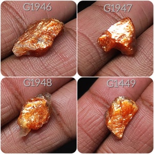 May include: Four rough, orange-brown sunstone crystals with a metallic sheen. The crystals are labeled G1946, G1947, G1948, and G1449.