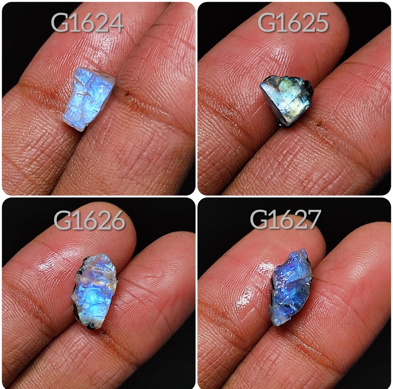 May include: Four iridescent rainbow moonstone rough stones, each with a unique shape and size. The stones are labeled G1624, G1625, G1626, and G1627.