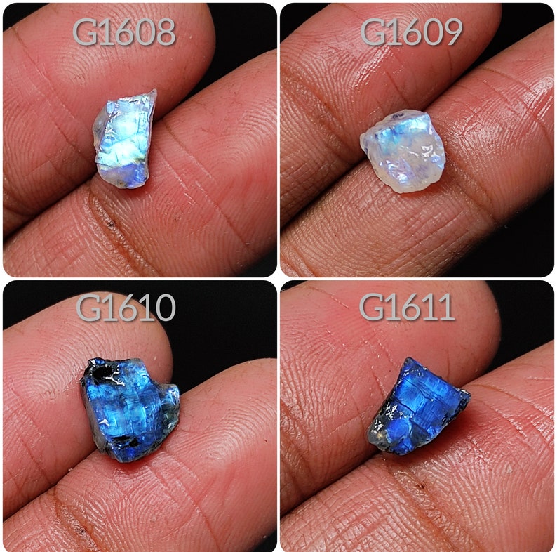 May include: Four rough, natural gemstone cabochons, each with a different color and iridescent sheen. The top left is white with blue iridescence, the top right is white with blue iridescence, the bottom left is blue with green iridescence, and the bottom right is blue with green iridescence. The stones are labeled G1608, G1609, G1610, and G1611.