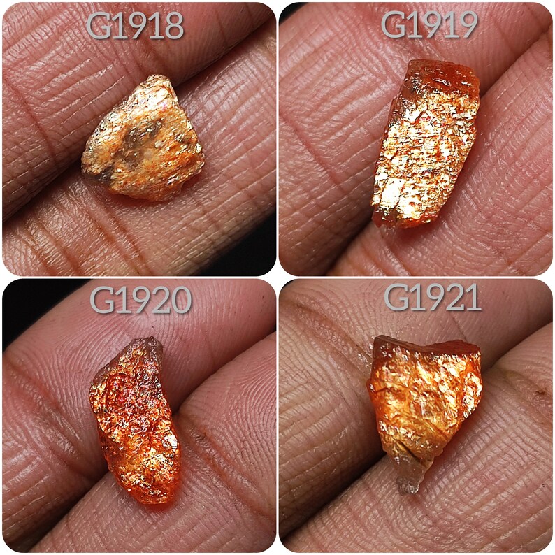 May include: Four pieces of sunstone, each with a different shape and size. The stones are a mix of orange and gold colors with a shimmery, iridescent finish. The stones are labeled G1918, G1919, G1920, and G1921.