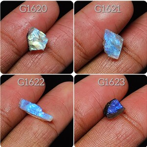 May include: Four pieces of iridescent labradorite gemstone, each with a unique shape and color. The stones are labeled G1620, G1621, G1622, and G1623.