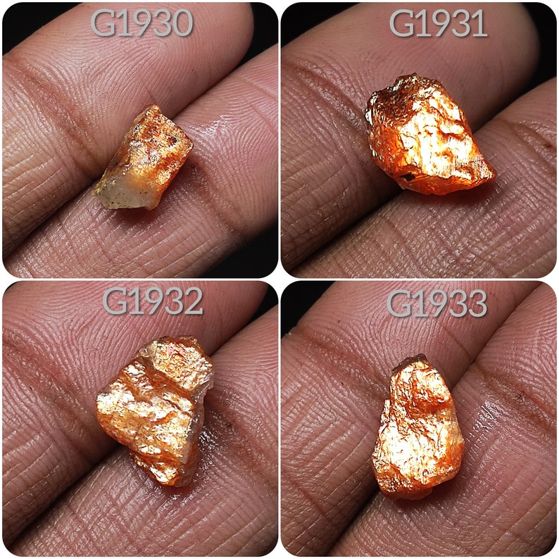 May include: Four rough, orange sunstone crystals with a metallic sheen. The crystals are labeled G1930, G1931, G1932, and G1933.