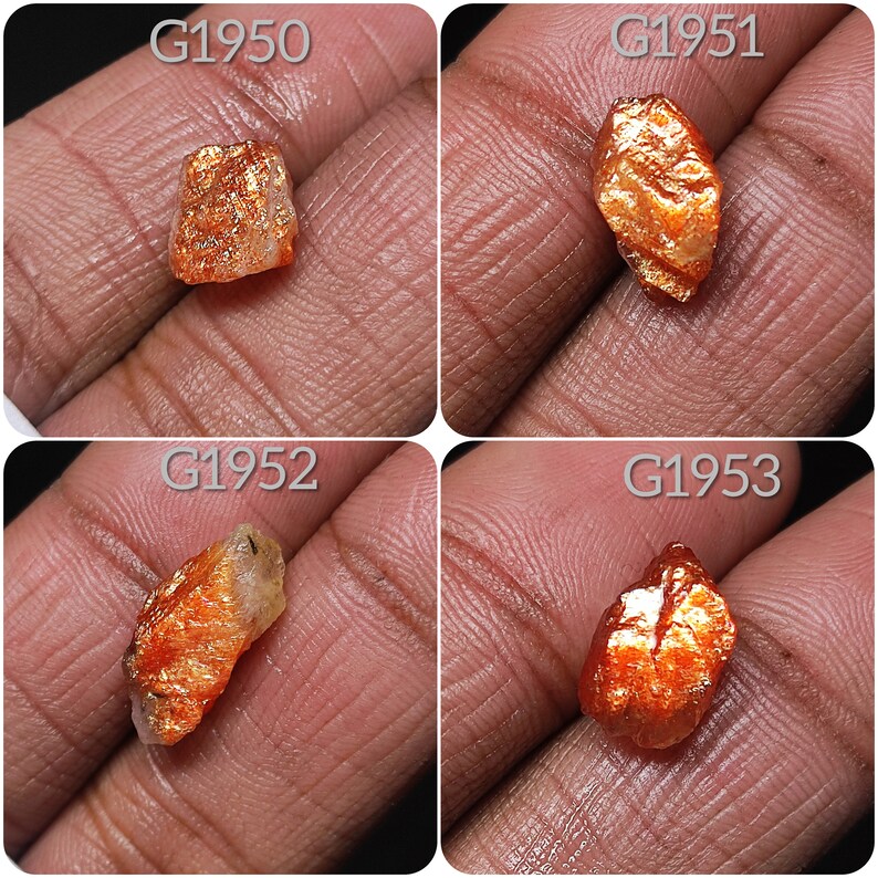 May include: Four rough, orange sunstone crystals with a metallic sheen. The crystals are labeled G1950, G1951, G1952, and G1953.