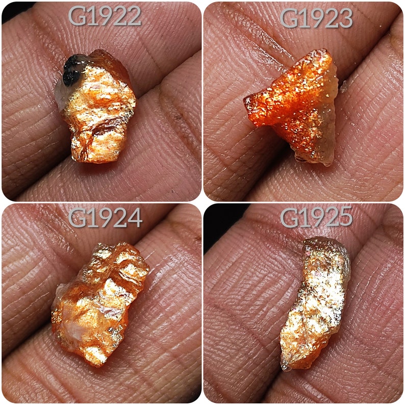 May include: Four rough, raw, orange and gold sunstone crystals with a metallic sheen. The crystals are labeled G1922, G1923, G1924, and G1925.