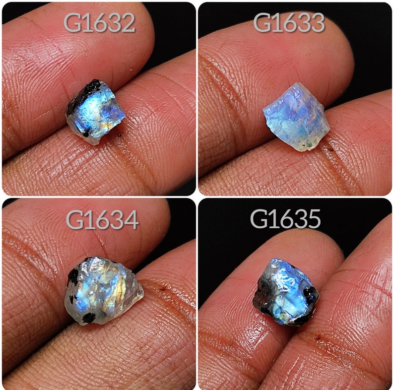 May include: Four rough, iridescent moonstone gemstones, each with a unique shape and color, labeled G1632, G1633, G1634, and G1635.
