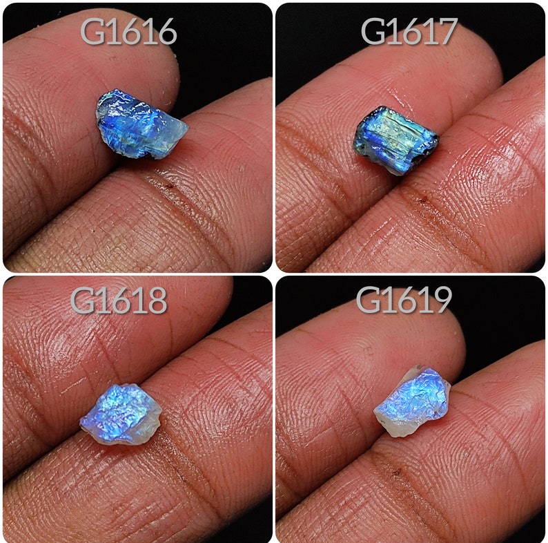 May include: Four close-up images of iridescent blue and white gemstone roughs. Each image is labeled with a product code: G1616, G1617, G1618, and G1619.