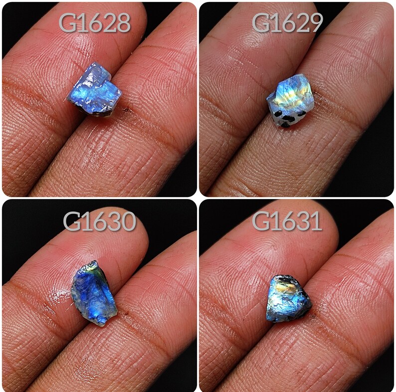 May include: Four close-up images of iridescent labradorite gemstones, each with a different color and pattern. The gemstones are labeled with the product codes G1628, G1629, G1630, and G1631.
