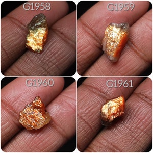 May include: Four rough, raw, natural, golden sunstone crystals. The crystals are various shades of orange, red, and gold. The crystals are labeled G1958, G1959, G1960, and G1961.