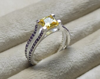 Anillo de diamantes amarillos vivos de talla princesa / Anillo de viaje CZ / Regalo de cumpleaños / Plata de ley 925 Anillo de uso diario Regalo para esposa C6882