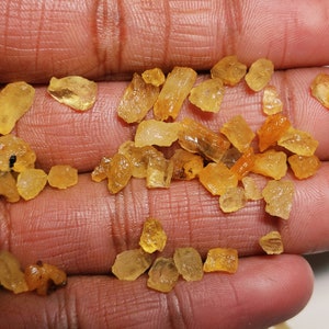 May include: A collection of small, rough, yellow-orange citrine crystals. The crystals are various shapes and sizes, and some have a translucent appearance.