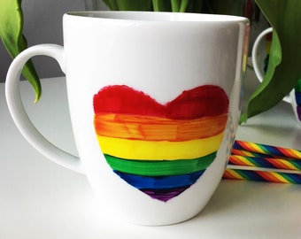 Gay Pride Mug, LGBT mug, homo mug, mug with heart, rainbow cup, gay pride cup, hand made mug, hand made rainbow mug, lgbt, lesbian mug, homo