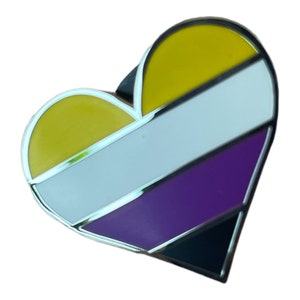 Peut inclure: Une épingle en forme de cœur avec les couleurs du drapeau de la fierté non binaire. L'épingle est jaune, blanche, violette et noire.