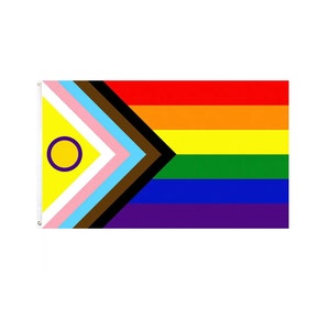 Könnte beinhalten: Eine Pride-Flagge mit einem gelben Dreieck, das einen lila Kreis mit gelber Mitte enthält. Das Dreieck befindet sich auf einem Hintergrund aus rosa, hellblauen, braunen und schwarzen Streifen. Der Rest der Flagge ist ein Regenbogen mit roten, orangen, gelben, grünen, blauen und violetten Streifen.