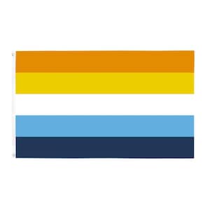 Peut inclure: Un drapeau horizontal avec quatre bandes. La bande supérieure est orange, la deuxième bande est jaune, la troisième bande est blanche, la quatrième bande est bleu clair et la bande inférieure est bleu foncé.