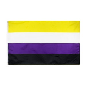 May include: A non-binary pride flag with four horizontal stripes: yellow, white, purple, and black.