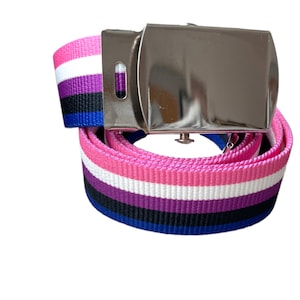Peut inclure: Une ceinture rayée rose, blanche, violette, noire et bleue avec une boucle argentée.