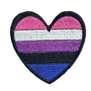 May include: An embroidered heart-shaped patch with a multi-coloured striped design. The stripes are pink, white, light purple, black, and blue.