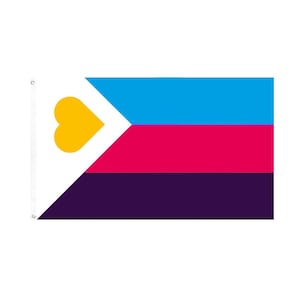 May include: A flag with a white field on the left side, featuring a yellow heart shape. The right side has a blue, pink, and purple horizontal stripe design. The flag has grommets for hanging.