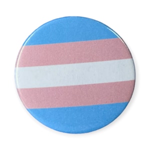 May include: A circular button badge displaying the transgender pride flag. The badge has light blue sections at the top and bottom, with a white stripe in the centre and pink stripes above and below.