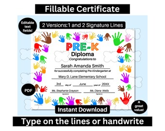 Pre-K Diploma, Pre-K Graduation Diploma, Fillable PreKindergarten Diploma, Editable Diploma, Printable Diploma, Instant Download
