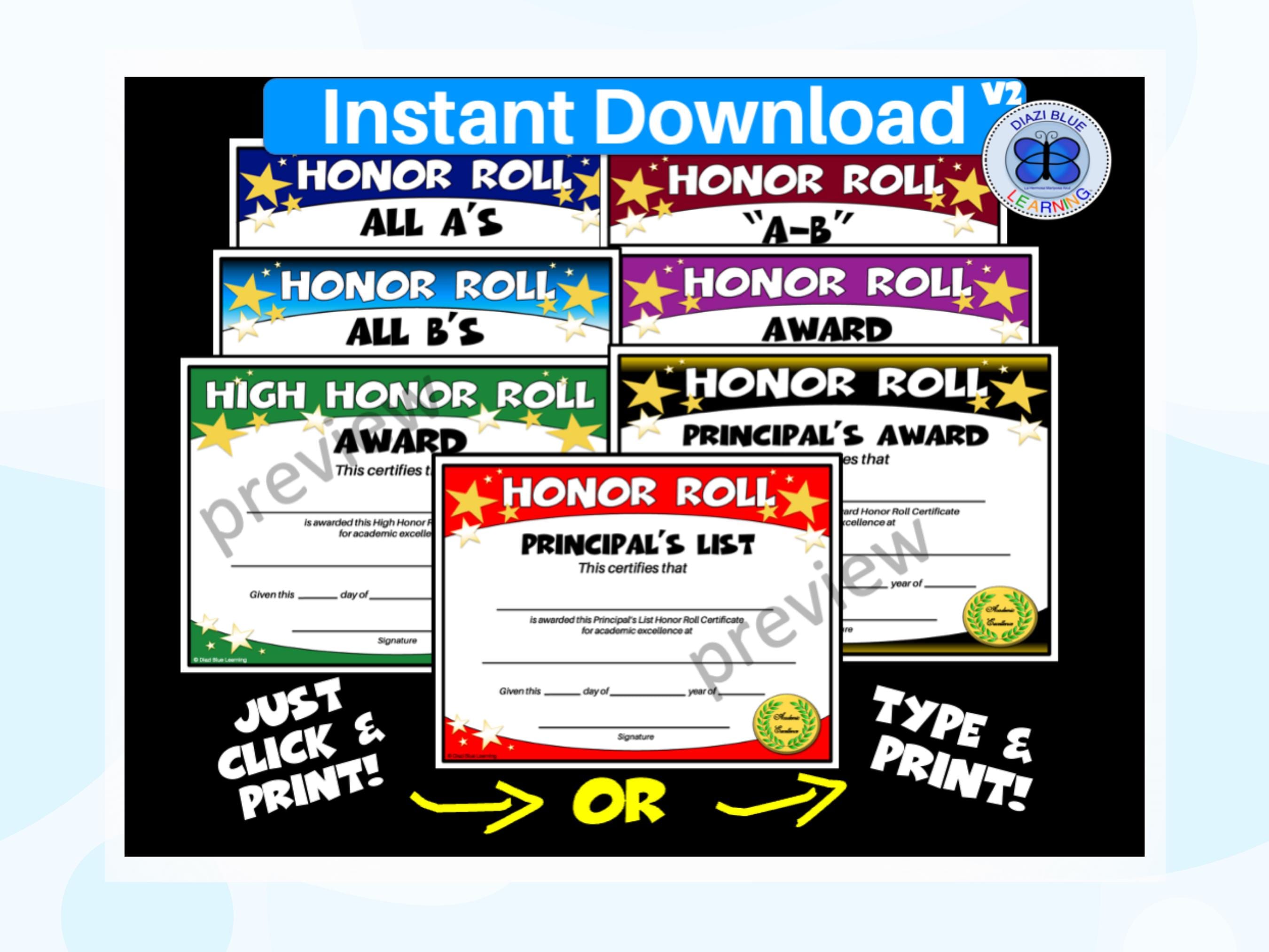 Honor Roll Certificates, 7 Pack Stars Honor Roll Certificates, Fillable Honor Roll Certificates, Honor Roll Awards, Instant Download
