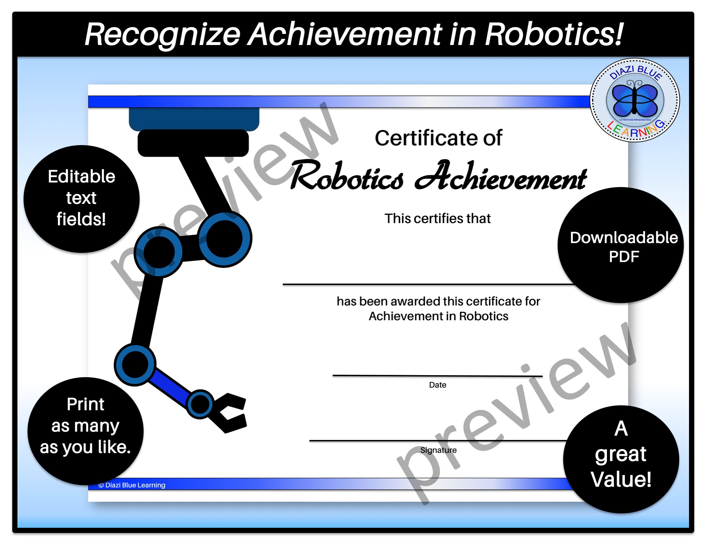 Robotics Certificates, Robotics Achievement, Editable Robotics