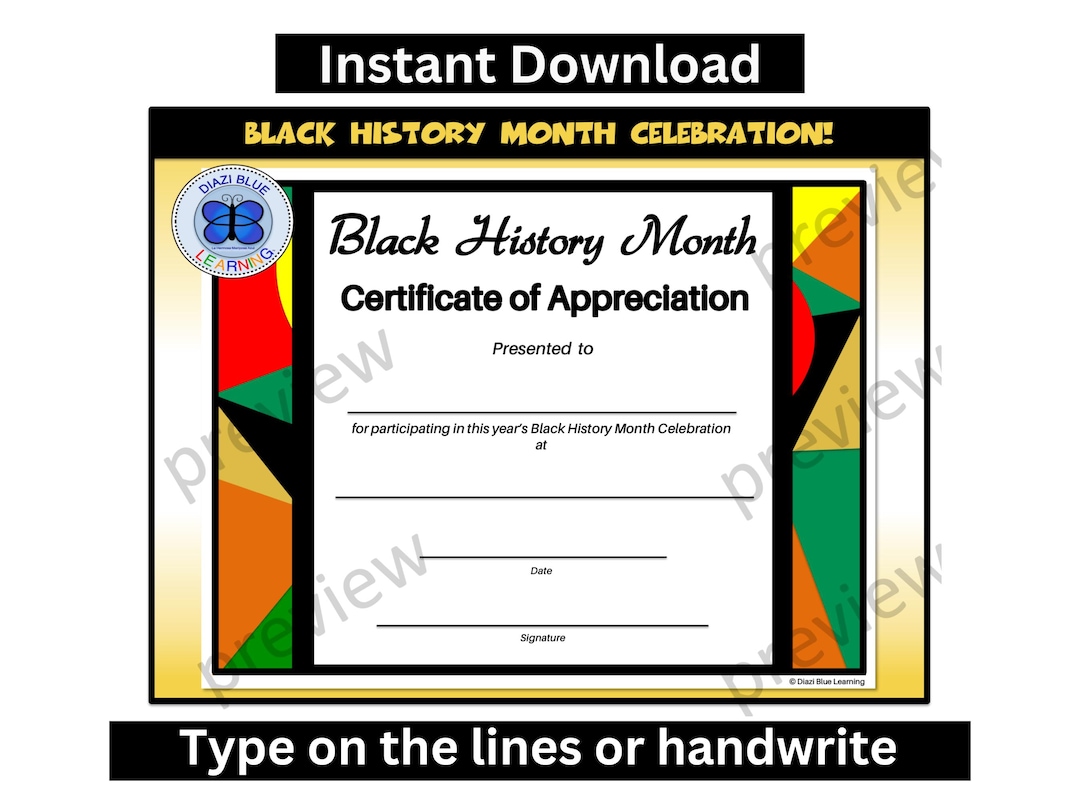 Black History Month Certificate of Appreciation, Editable Black History ...