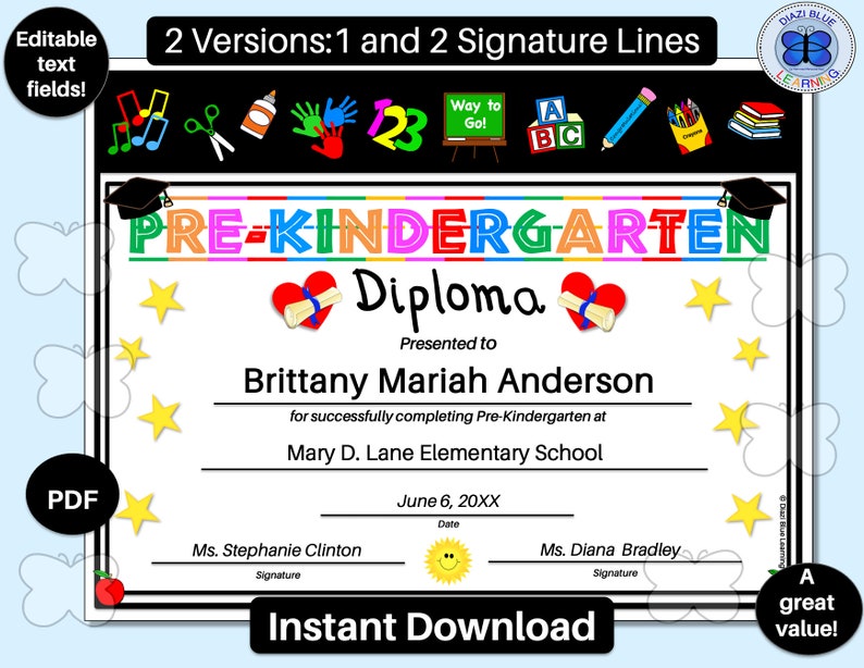 Pre-k Diploma, Pre-k Graduation Diploma, Fillable Prekindergarten