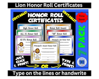 Lion Honor Roll Certificates, 7 Pack Honor Roll Certificates, Fillable Honor Roll Certificates, Honor Roll Awards, Instant Download