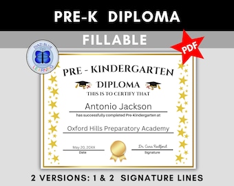 Diploma de preescolar Gold Stars, Diploma de preescolar con 1 y 2 líneas para firma, Diploma de preescolar rellenable, Certificado de finalización de preescolar