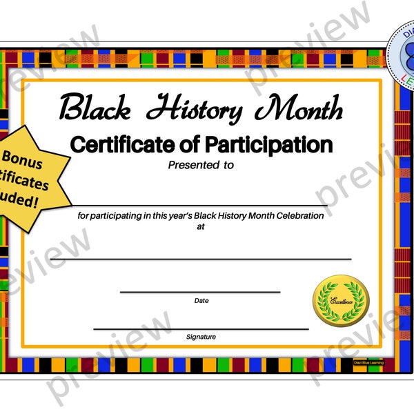 Black History Month Certificate of Participation with Bonus Certificates, Editable Black History Month Certificate, School Certificate