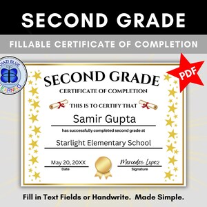 Può includere: Un certificato con bordi dorati per il completamento della Seconda Elementare, con la scritta "CERTIFICATO DI COMPLETAMENTO DI SECONDA ELEMENTARE". Il certificato include spazio per il nome dello studente, la scuola e la data, con una stella rossa con la scritta "PDF".