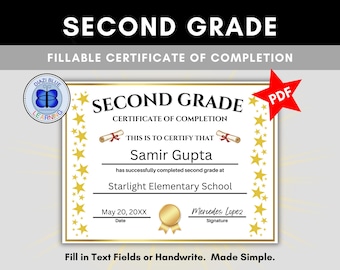 Certificado de finalización de segundo grado Gold Stars, diploma de segundo grado, premio de segundo grado rellenable